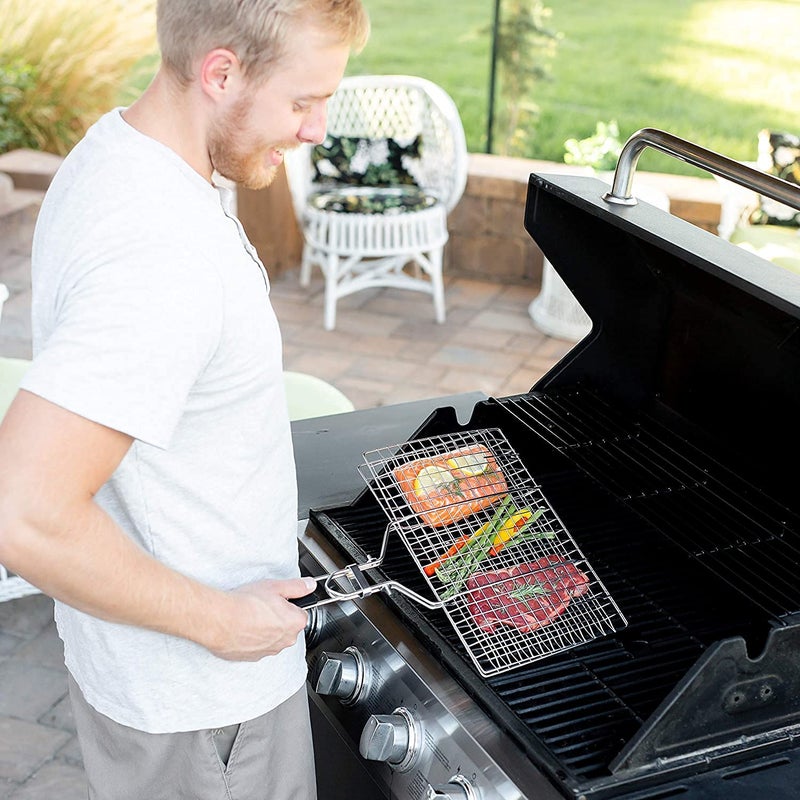 FEELING MALL FEELING MALL Stainless Steel Outdoor Camping BBQ Accessories Rack for Grilling Fish Chicken Meat Steak Vegetables Kabobs Chops Seafood BBQ Grill Net Basket Roast Tray Chromium Plated Wooden Handle  - Image 5