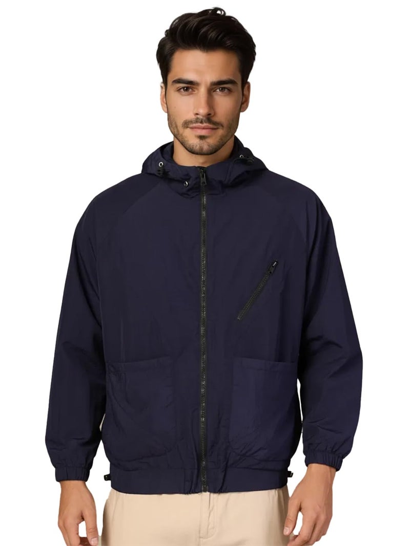 CHKOKKO Mens Stylish Oversized Windcheater Jacket with Zip Closure Lightweight Sportswear for Running Travel Hiking Outdoor and Rainy Season Wear Navy S - Image 1
