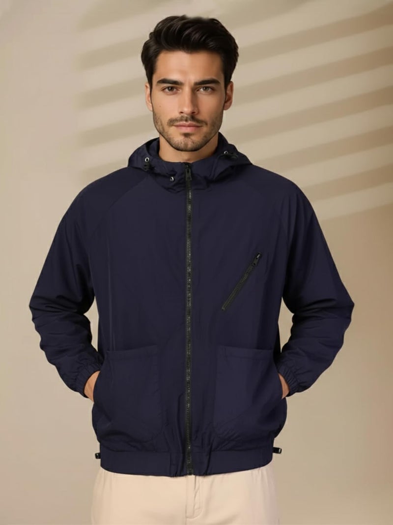 CHKOKKO Mens Stylish Oversized Windcheater Jacket with Zip Closure Lightweight Sportswear for Running Travel Hiking Outdoor and Rainy Season Wear Navy S - Image 2