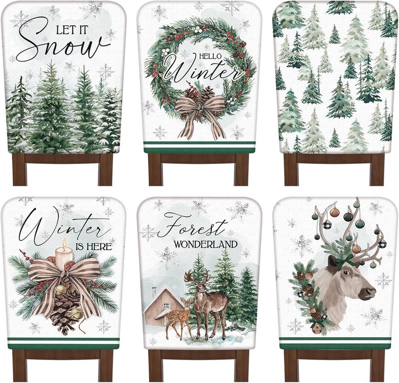 FuWeave 6 Pcs Winter Wonderland Chair Covers Hello Winter Chair Back Covers Frost Pine Tree Deer Chair Protector Slipcovers Washable Dining Room Seat Covers Winter Decor for Home Hotel Kitchen Indoor - Image 1
