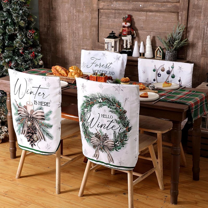 FuWeave 6 Pcs Winter Wonderland Chair Covers Hello Winter Chair Back Covers Frost Pine Tree Deer Chair Protector Slipcovers Washable Dining Room Seat Covers Winter Decor for Home Hotel Kitchen Indoor - Image 2