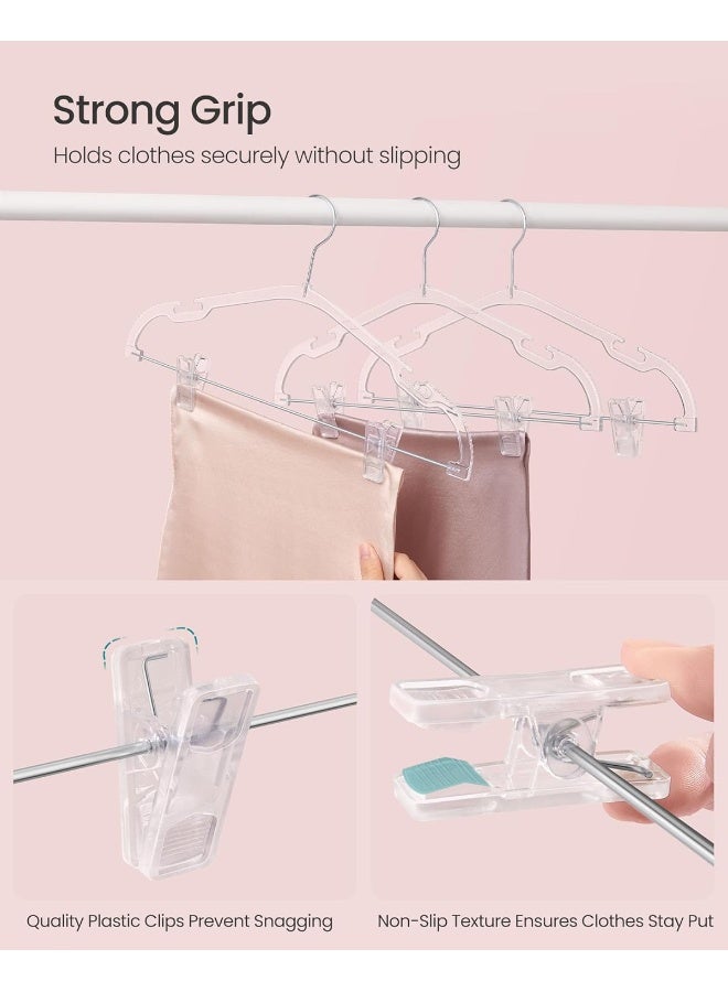 SONGMICS Pants Hangers 30 Pack, Clear Plastic Hangers, 40.6 x 22.5 cm, Skirt Hangers with Adjustable Clips, Wide Shoulder Notches, 360° Swivel Hook, for Pants, Skirts, Dresses, Clear - Image 5