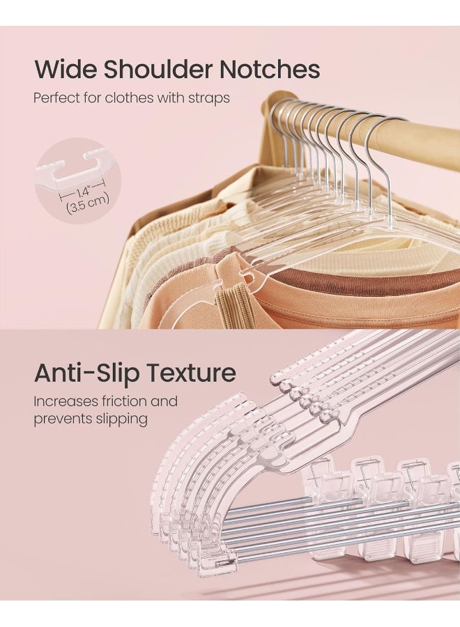 SONGMICS Pants Hangers 30 Pack, Clear Plastic Hangers, 40.6 x 22.5 cm, Skirt Hangers with Adjustable Clips, Wide Shoulder Notches, 360° Swivel Hook, for Pants, Skirts, Dresses, Clear - Image 3