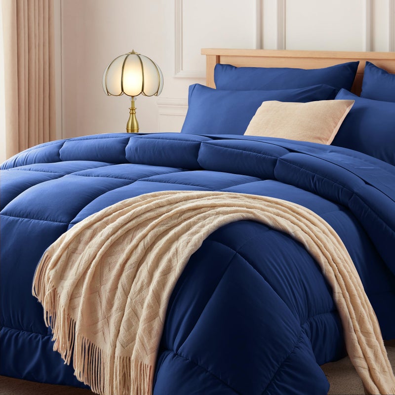 Newspin Full Comforter Set Blue Bed in a Bag Full Size 7 Pieces All Season Bed Set Fluffy Comforter Set with Sheets Sheet Set Quilt Blanket Pillowcases Shams