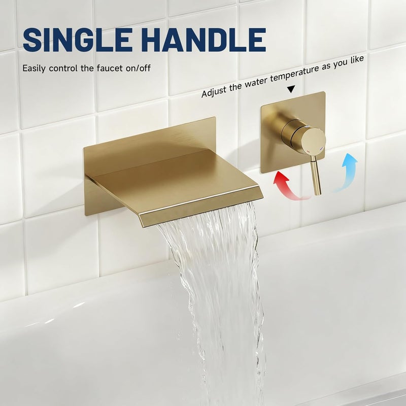 BWE Wall Mount Bathtub Faucet Brushed Gold Single Handle Modern Bathtub Faucet with Rough in Valve High Flow Filler Waterfall Tub Spout - Image 4
