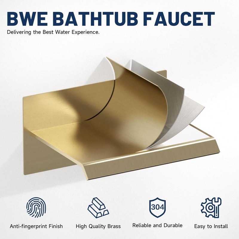 BWE Wall Mount Bathtub Faucet Brushed Gold Single Handle Modern Bathtub Faucet with Rough in Valve High Flow Filler Waterfall Tub Spout - Image 5