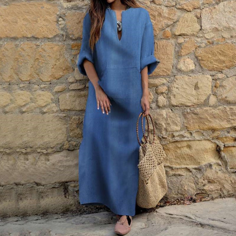 Women's V-Neck Denim Dress Loose Casual Long Dress with Pockets - Image 2