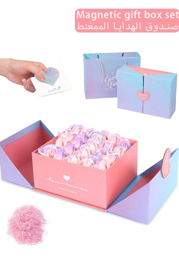 بوفان صندوق هدايا مزود بغطاء وصندوق هدايا مزود ببطاقة تهنئة وورق ممزق وصناديق هدايا ممغنطة وكبير لحفل الزفاف وأعياد الميلاد والذكرى السنوية (وردي) - Image 1