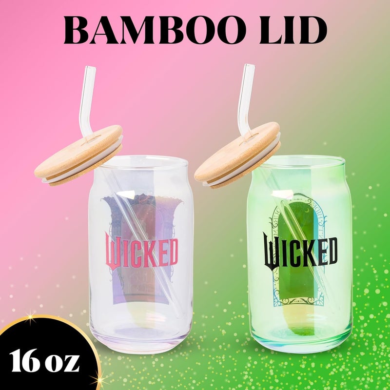 Silver Buffalo Wicked Featuring Elphaba and Glinda "She's So Good" and "Don't Hide Your Magic" 2 Pack Glass Jar Tumbler with Bamboo Lid and Glass Straw, 16 Ounces - Image 3