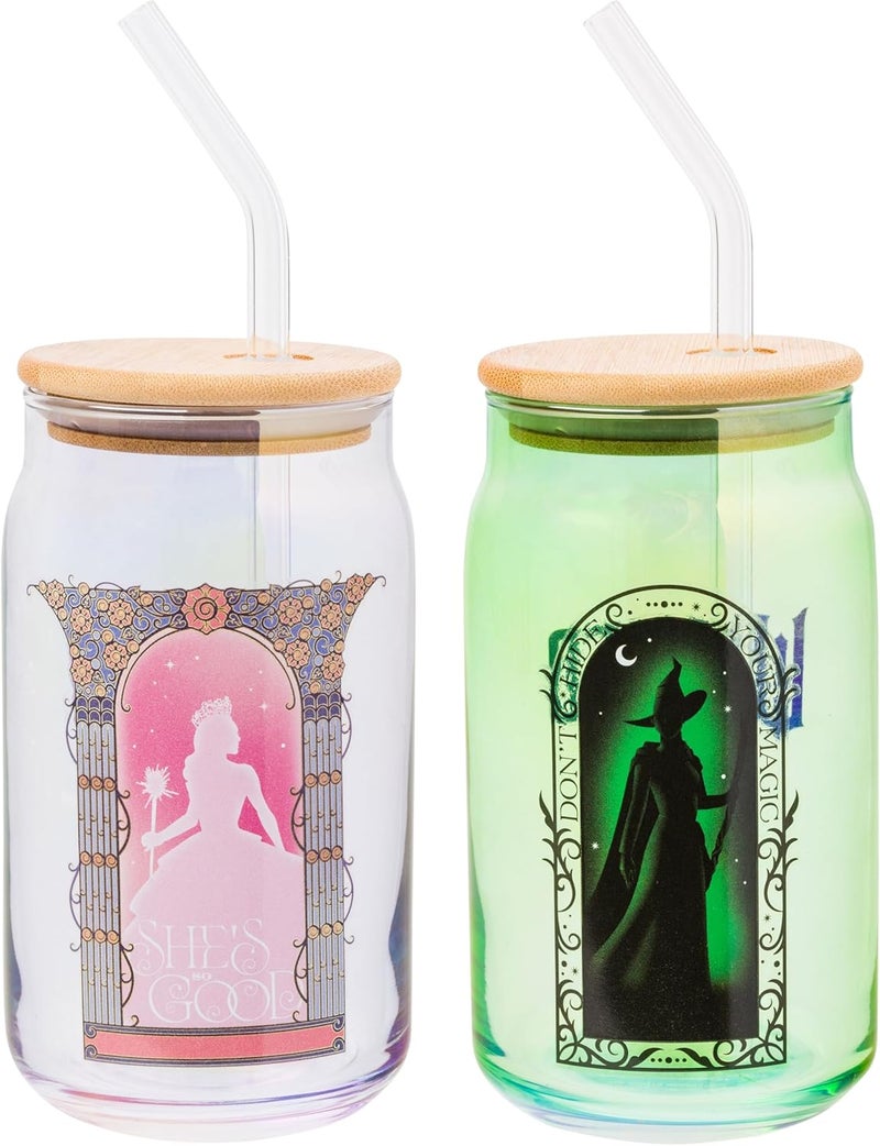 Silver Buffalo Wicked Featuring Elphaba and Glinda "She's So Good" and "Don't Hide Your Magic" 2 Pack Glass Jar Tumbler with Bamboo Lid and Glass Straw, 16 Ounces - Image 1
