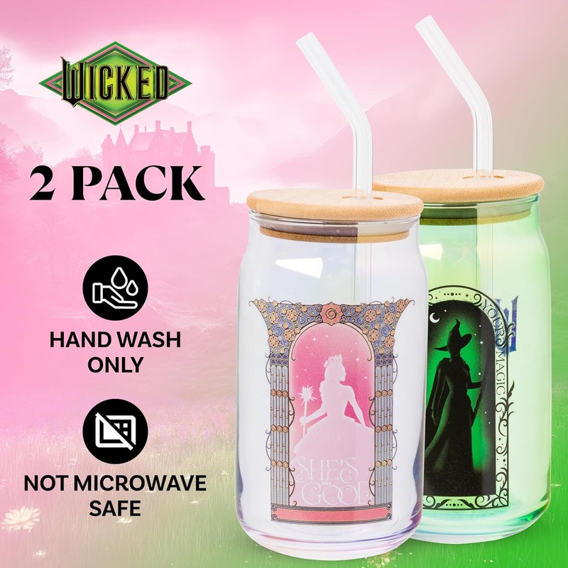 Silver Buffalo Wicked Featuring Elphaba and Glinda "She's So Good" and "Don't Hide Your Magic" 2 Pack Glass Jar Tumbler with Bamboo Lid and Glass Straw, 16 Ounces - Image 2
