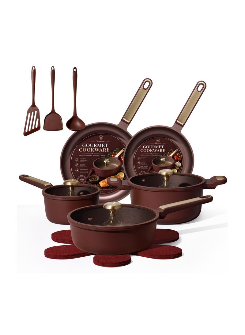 Carote 16-Piece Non Stick Cookware Set – Stay Cool Handles, Induction & Gas Compatible, Dishwasher Safe, PFOA & PFOS Free, Space Saving Kitchen Pots and Pans with Lids, Stockholm Collection, Wine Red - Image 1