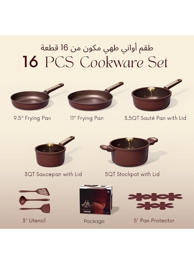 Carote 16-Piece Non Stick Cookware Set – Stay Cool Handles, Induction & Gas Compatible, Dishwasher Safe, PFOA & PFOS Free, Space Saving Kitchen Pots and Pans with Lids, Stockholm Collection, Wine Red - Image 2