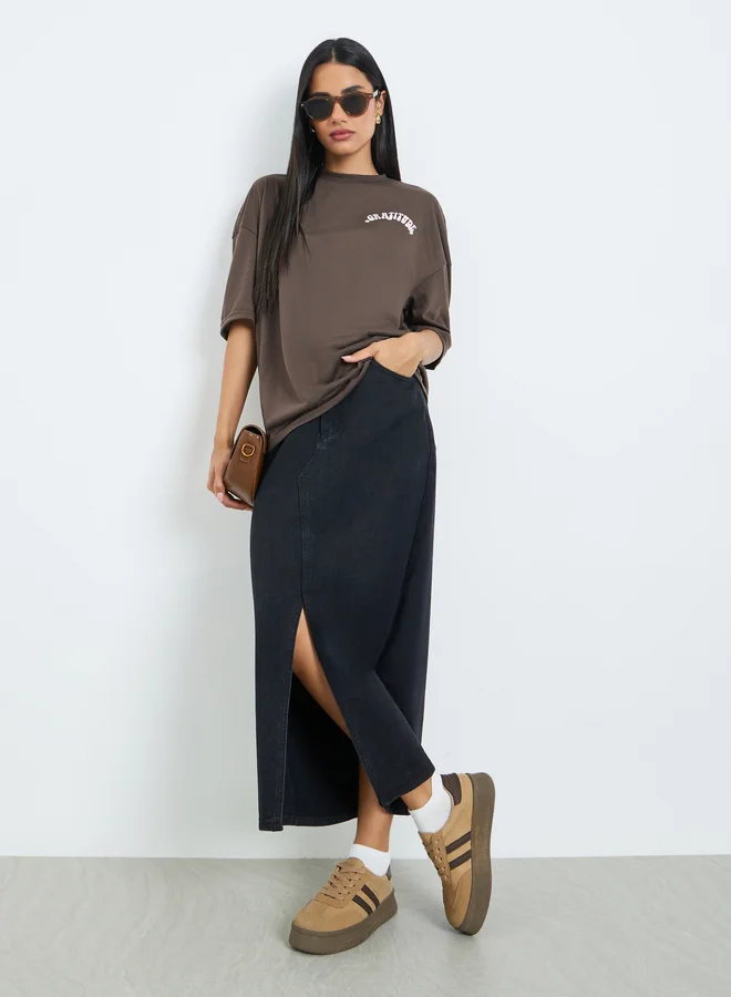 Styli Brown Floral Graditude Front and Back Graphic Oversized T-Shirt