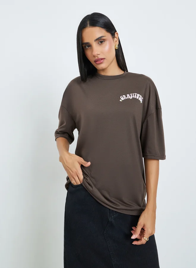 Styli Brown Floral Graditude Front and Back Graphic Oversized T-Shirt