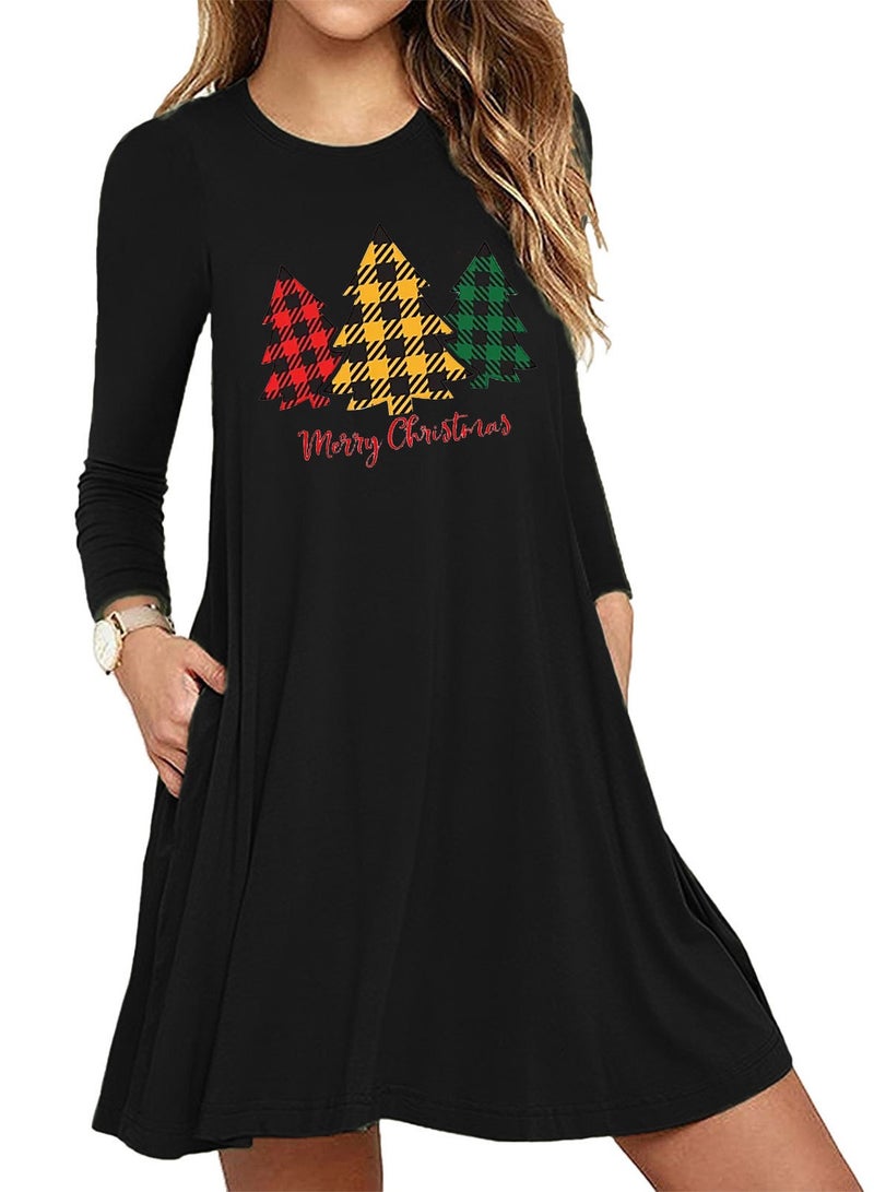 Print Long Sleeved Slim Fit A-Line Dress