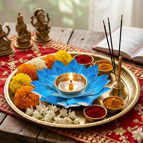 EIN SOF Brass Lotus Diyas for Home Decoration – 5 inches Medium Size Puja Akhand Diya , Decorative Diwali & Christmas Festival Item with Gift Box , Blue Flower - Image 2