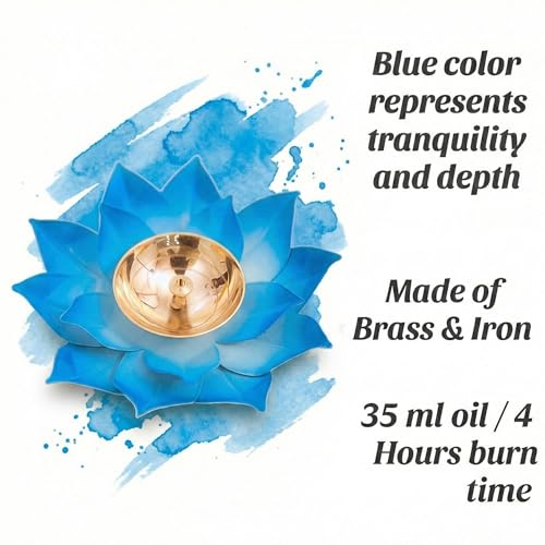 EIN SOF Brass Lotus Diyas for Home Decoration – 5 inches Medium Size Puja Akhand Diya , Decorative Diwali & Christmas Festival Item with Gift Box , Blue Flower - Image 4
