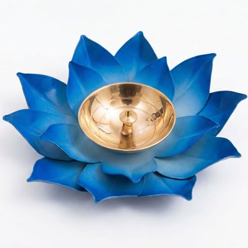 EIN SOF Brass Lotus Diyas for Home Decoration – 5 inches Medium Size Puja Akhand Diya , Decorative Diwali & Christmas Festival Item with Gift Box , Blue Flower - Image 1