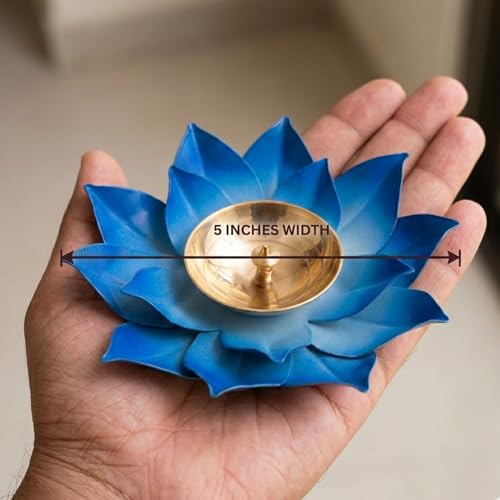 EIN SOF Brass Lotus Diyas for Home Decoration – 5 inches Medium Size Puja Akhand Diya , Decorative Diwali & Christmas Festival Item with Gift Box , Blue Flower - Image 3
