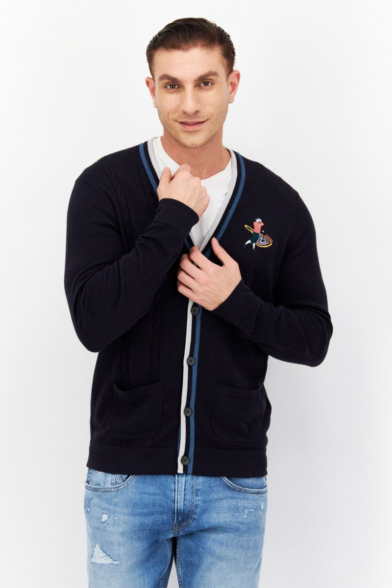 Lyle & Scott كارديجان محبوك مزخرف على شكل حرف V للرجال، كحلي داكن - Image 1