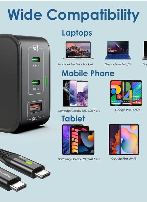 شاحن جان لتوصيل الطاقة 3.0 USB C بقدرة 65 واط وكيبل USB C سريع 100 واط بطول 2 متر مع مؤشر LED، محول سريع للسفر بـ3 منافذ UK متوافق مع ماك بوك برو/اير/ايفون 14 برو ماكس/S23 الترا/ستيم ديك/ديل XPS 13