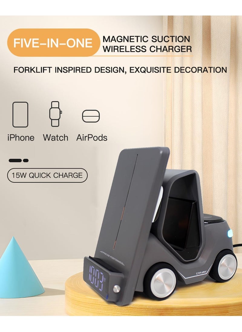 TIGER Wireless Charger Forklift 5-in-1 Smart Desktop Station -- 15W Phone Charging, 2.5W Smartwatch, 5W Earpod Charger | Type-C Input, Digital Clock, and Night Light | All-in-One Wireless Charging Solution for Phone, Watch, and Earbuds | Convenient and Space-Saving Design  - Image 2