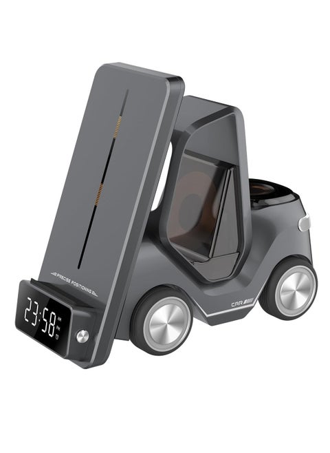 Wireless Charger Forklift 5-in-1 Smart Desktop Station -- 15W Phone Charging, 2.5W Smartwatch, 5W Earpod Charger | Type-C Input, Digital Clock, and Night Light | All-in-One Wireless Charging Solution for Phone, Watch, and Earbuds | Convenient and Space-Saving Design