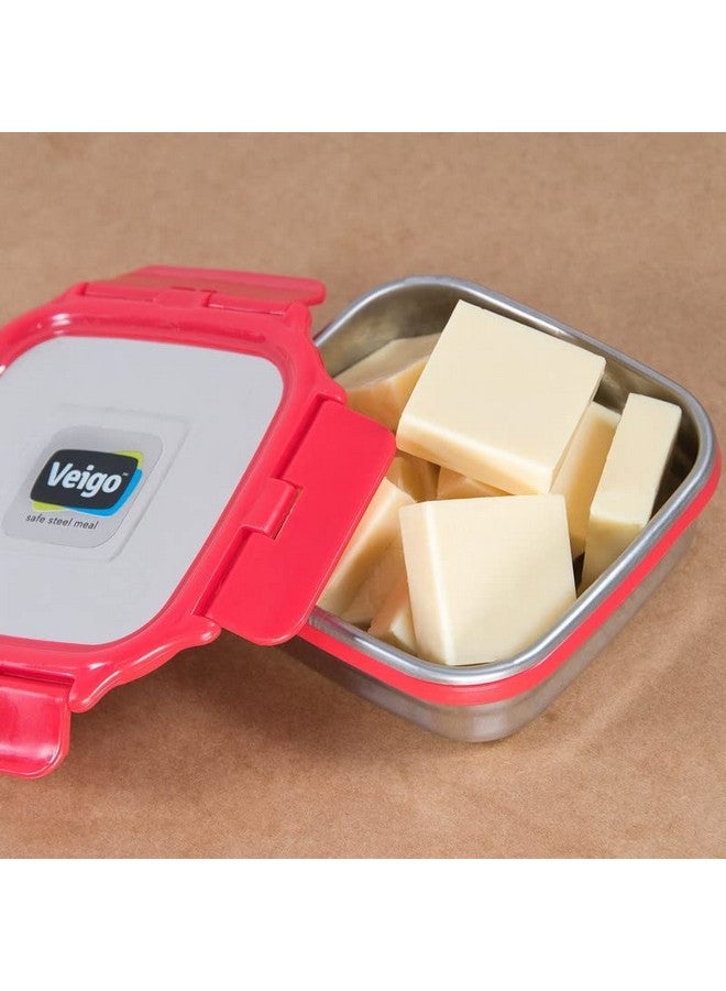 Veigo Veigo Original Stainless Steel Medium Snack Box (330 ml)| Airtight & Leakproof| Freezer & Dishwasher Safe| Snacks Box for School|Silicone Ring & Polymer Frame| Safe Lid Lock| Red  - Image 4