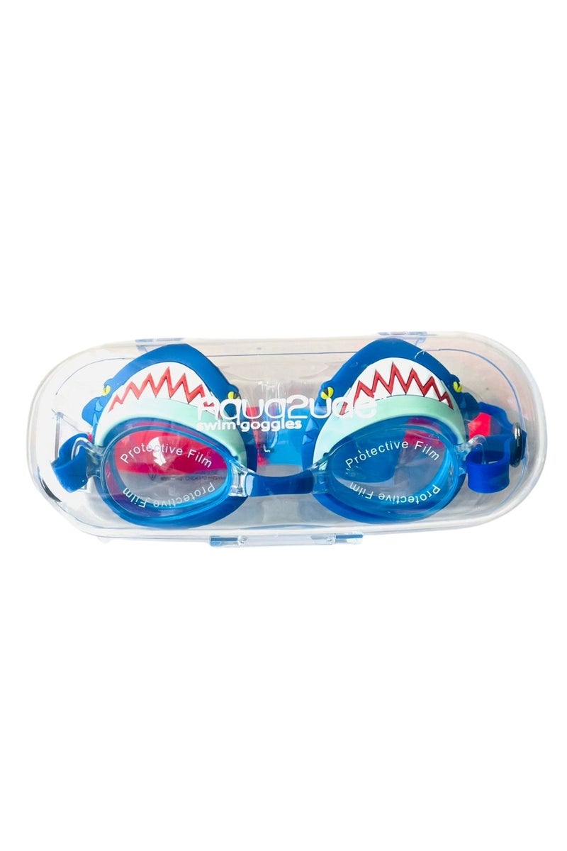 Aqua2ude Mini Meg Attach Kids Swim Goggles  Blue Shark Teeth Design, Uv Protection, Anti-Fog, Latex-Free Silicone With Hard Case, Ages 3+ - Image 3
