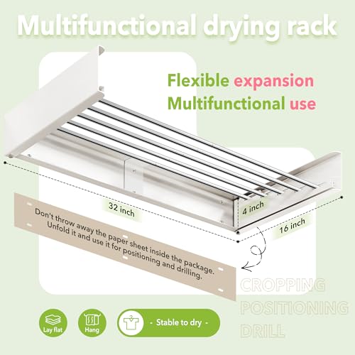 ZdwCyl Wall Mounted Drying Rack,32 inches,Foldbale, Clothes Drying Rack,Laundry Drying Rack Wall Mount,Drying Rack Clothing Space Saver,Retractable,Collapsible,Folding Laundry Rack,White - Image 3