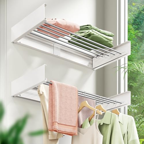 ZdwCyl Wall Mounted Drying Rack,32 inches,Foldbale, Clothes Drying Rack,Laundry Drying Rack Wall Mount,Drying Rack Clothing Space Saver,Retractable,Collapsible,Folding Laundry Rack,White - Image 2