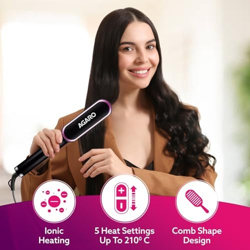 AGARO فرشاة تمليس الشعر AGARO، مشط تمليس الشعر للنساء، تسخين سريع، عناية أيونية، 5 إعدادات للحرارة، مكواة تمليس الشعر، فرشاة ساخنة، تمنح شعرًا مستقيمًا طبيعيًا في 5 دقائق، أسود، HSB2107 - Image 2