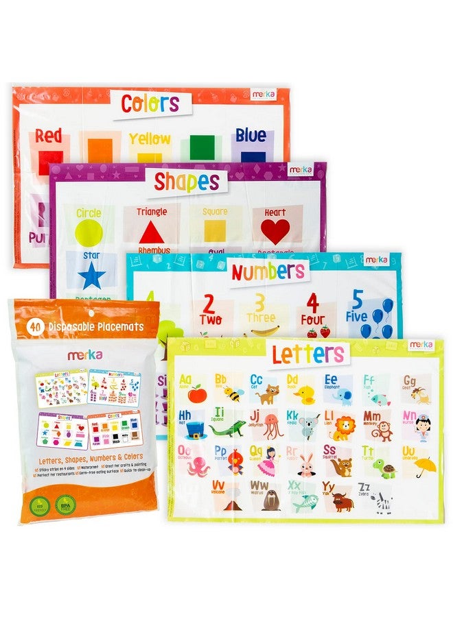 Merka Disposable Placemats for Baby and Toddlers 12" x 18", 40 Pack Stick-on Table Placemat for Restaurants, Includes Shapes, Numbers, Letters & Colors - Image 1