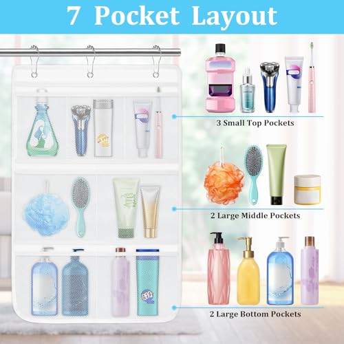 Okxiri 2 Pack Mesh Shower Caddy Hanging Organizer with 7 Pockets, Quick Dry Bathroom Storage Bag, Cruise Cabin and Dorm Essentials for Travel, Toiletry Organizer for Shampoo Soap - Image 3