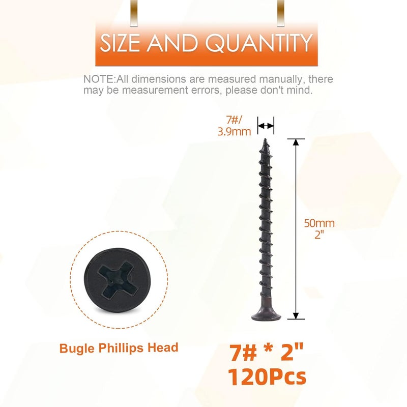 Rustark 120Pcs #7 x 2'' Coarse Thread Drywall Screw with Phillips Drive Black Oxide Finsh Bugle Head Wood Screws Assortment Kit Ideal for Drywall Sheetrock - Image 2