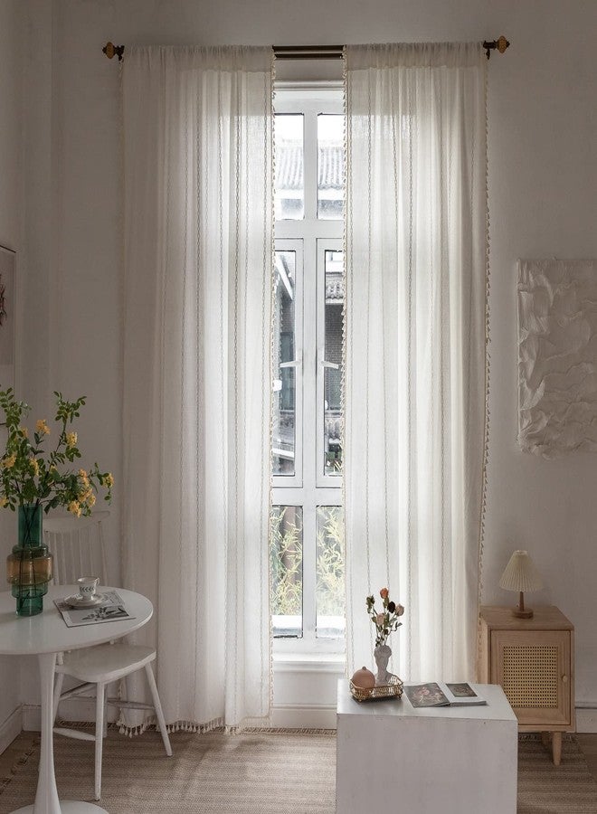 BCLBUSTE Boho Curtains Embroidery Linen Curtains 108 Inches Long for Living Room 2 Panels Set, Cream Off White Light Filtering Farmhouse Curtains for Bedroom Rod Pocket Draperies 52" W x 108" L - Image 3