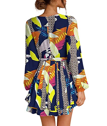 Cosonsen Womens Casual Dresses Deep V-Neck Long Sleeve Printed Mini Dress Navy S - Image 3