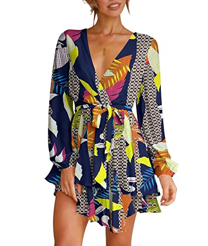 Cosonsen Womens Casual Dresses Deep V-Neck Long Sleeve Printed Mini Dress Navy S - Image 1