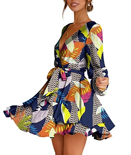 Cosonsen Womens Casual Dresses Deep V-Neck Long Sleeve Printed Mini Dress Navy S - Image 2