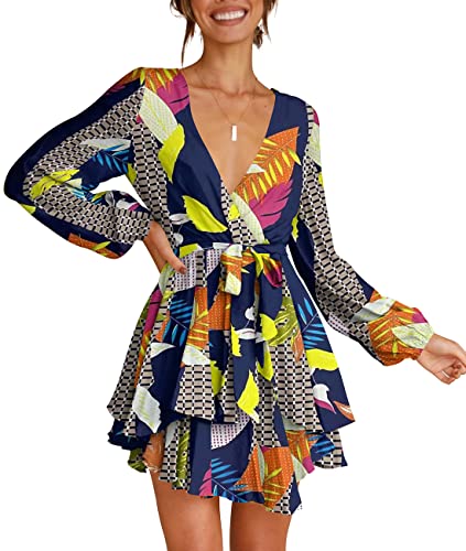 Cosonsen Womens Casual Dresses Deep V-Neck Long Sleeve Printed Mini Dress Navy S - Image 5