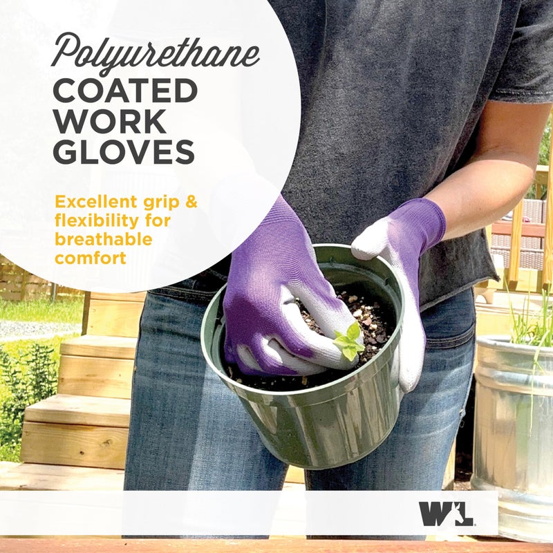 Wells Lamont Gardening Gloves for Women â€“ Breathable Polyester, Seamless Fit â€“ PU-Coated Palm for Grip & Durability â€“ Elastic Wrist â€“ Pink/Green/Purple, Medium, Pack of 3 (413MF) - Image 2