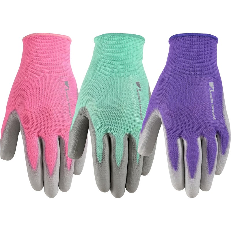 Wells Lamont Gardening Gloves for Women â€“ Breathable Polyester, Seamless Fit â€“ PU-Coated Palm for Grip & Durability â€“ Elastic Wrist â€“ Pink/Green/Purple, Medium, Pack of 3 (413MF) - Image 1