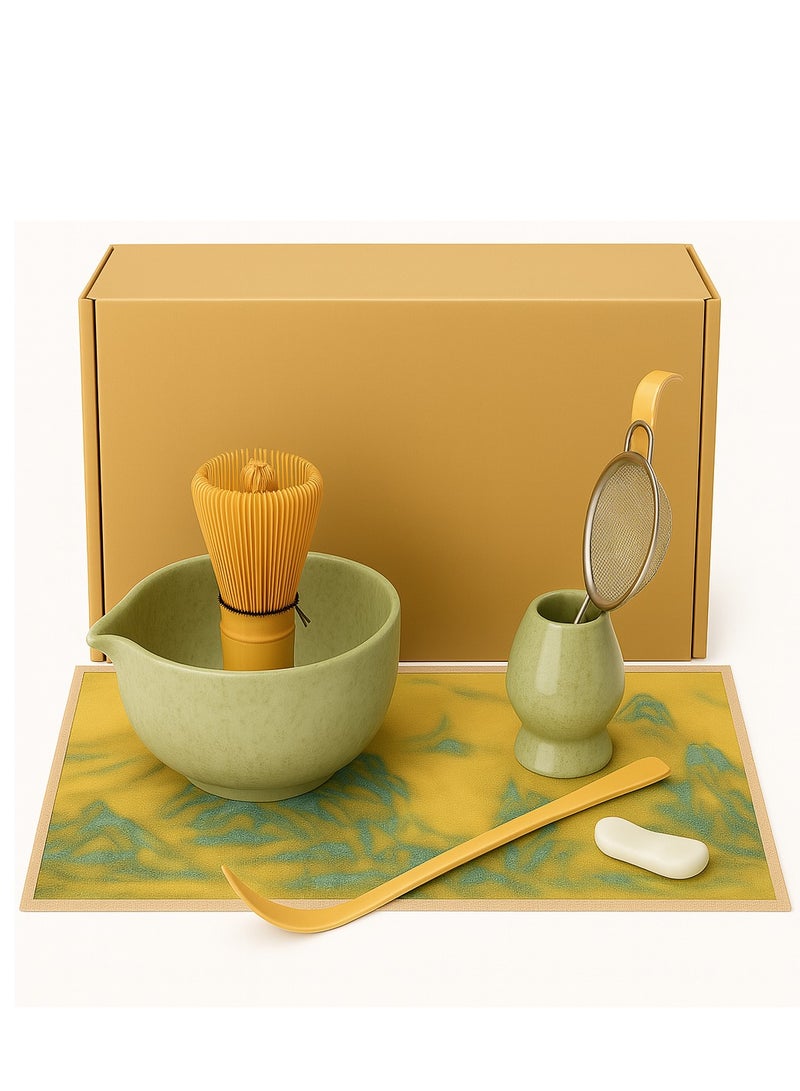 طقم شاي ماتشا ياباني - طقم ماتشا مكون من 4 قطع مع وعاء سيراميك سعة 580 مل، وخفاقة من الخيزران، ومغرفة، وحامل خفاقة - طقم ماتشا تقليدي لعشاق الشاي - Image 1