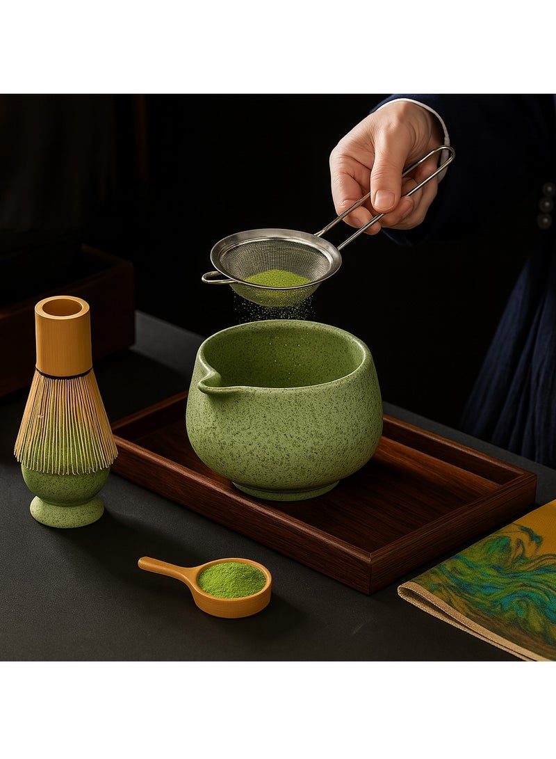 طقم شاي ماتشا ياباني - طقم ماتشا مكون من 4 قطع مع وعاء سيراميك سعة 580 مل، وخفاقة من الخيزران، ومغرفة، وحامل خفاقة - طقم ماتشا تقليدي لعشاق الشاي - Image 2