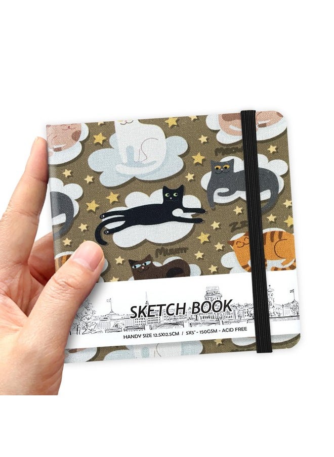 Qianshan 5" X 5" Handy Pocket Hardcover Cloth Cover Sketchbook,58 Sheets 150 Gsm Beige Dowling Paper, Acid Free Art Sketch Book Artistic Drawing Painting Writing Paper For Beginners Artists. Cloud Cat  - Image 1