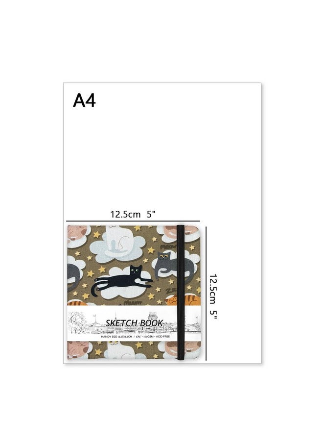 Qianshan 5" X 5" Handy Pocket Hardcover Cloth Cover Sketchbook,58 Sheets 150 Gsm Beige Dowling Paper, Acid Free Art Sketch Book Artistic Drawing Painting Writing Paper For Beginners Artists. Cloud Cat  - Image 2