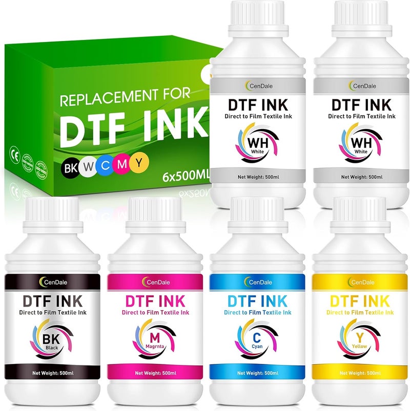 CenDale Premium DTF Ink 3000ML - DTF Transfer Ink for PET Film, Refill DTF Ink for Epson ET-8550, L1800, L800, XP15000, R2400, P400, P800, Heat Transfer Printing Ink Direct to Film (500ml x 6, CMYK W - Image 1