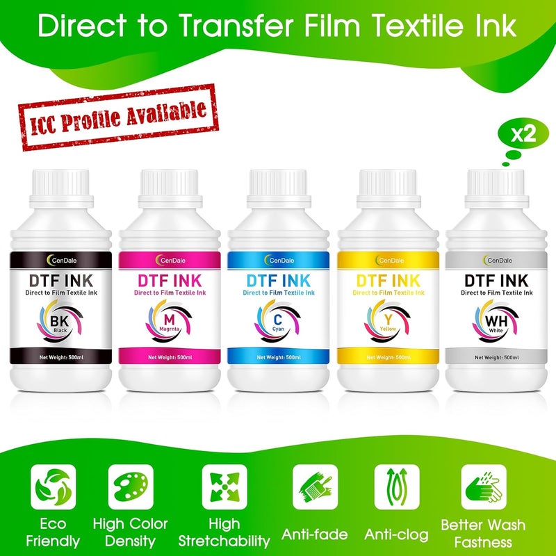 CenDale Premium DTF Ink 3000ML - DTF Transfer Ink for PET Film, Refill DTF Ink for Epson ET-8550, L1800, L800, XP15000, R2400, P400, P800, Heat Transfer Printing Ink Direct to Film (500ml x 6, CMYK W - Image 2