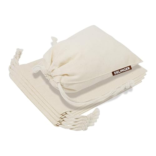 DELINGER 10 Pcs Cotton Drawstring Potli Cloth Bags For Kitchen, Reusable Bags For Grocery, Non Plastic Packing, Masala Potli, Spice Bag, Fridge Bag .Off White (Hight 4 inch and Width 4 inch) - Image 1